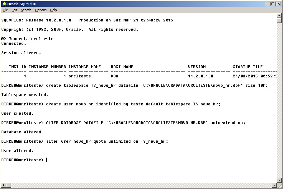 Oracle - Criação de usuário e tablespace