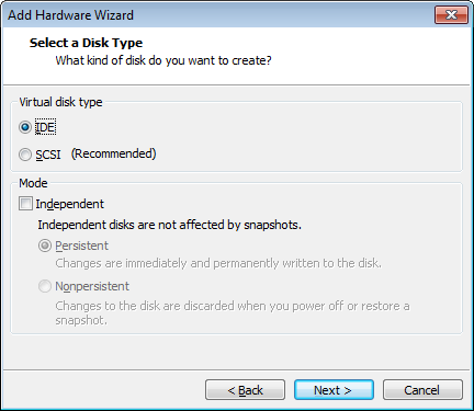 VMware Workstation PRO - Opção na interface para mudar o modo do disco