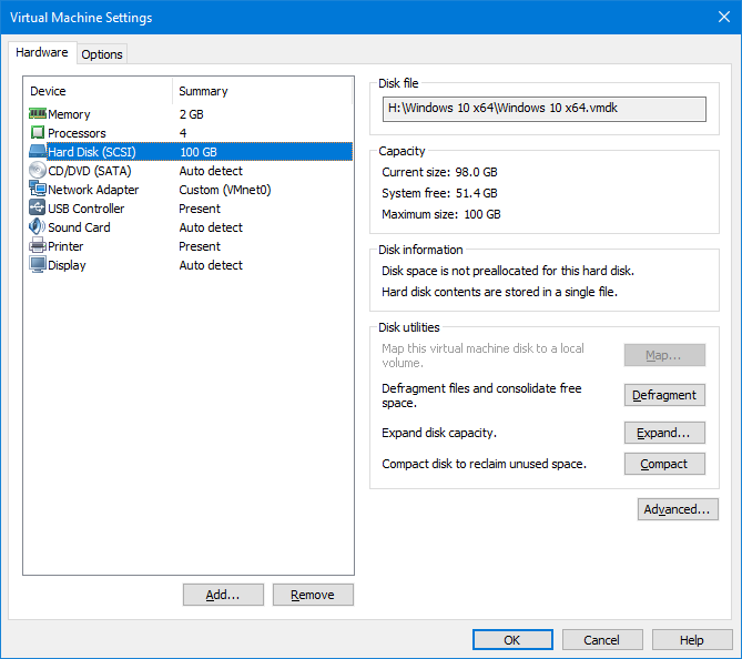 VMware Player (free) - Nenhuma opção para mudar o modo do disco